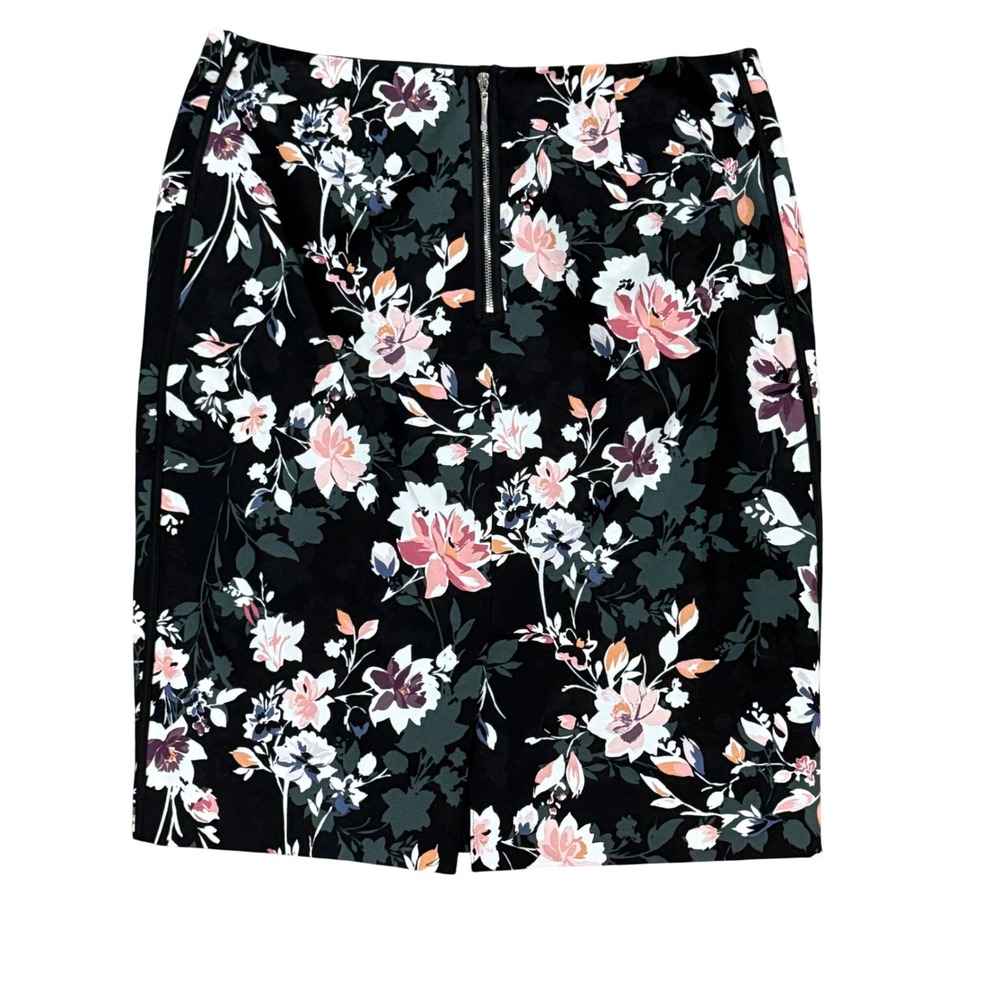 White House Black Market Floral Pencil Skirt Black Pink Size 12 Exposed Zipper - Picture 3 of 3